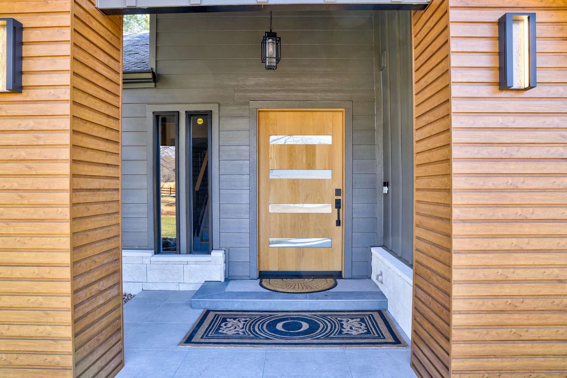 Finished front entry with new front door and AlumLA column wraps, Boulder CO
